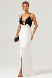 Black White V Neck Sheath Spaghetti Straps Prom Dress With Slit