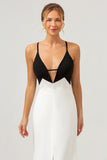 Black White V Neck Sheath Spaghetti Straps Prom Dress With Slit