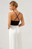 Black White V Neck Sheath Spaghetti Straps Prom Dress With Slit