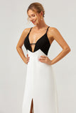 Black White V Neck Sheath Spaghetti Straps Prom Dress With Slit