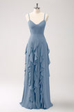 Dusty Blue A-Line Chiffon Long Bridesmaid Dress with Ruffles