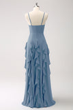 Dusty Blue A-Line Chiffon Long Bridesmaid Dress with Ruffles