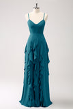 Eucalyptus A-Line Ruffled Spaghetti Straps Bridesmaid Dress