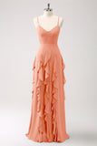 Rust A-Line Spaghetti Straps Chiffon Bridesmaid Dress with Ruffles