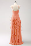 Rust A-Line Spaghetti Straps Chiffon Bridesmaid Dress with Ruffles