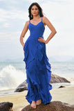 A-Line Dark Blue Spaghetti Straps Bridesmaid Dress with Ruffles