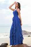 Dark Blue Spaghetti Straps Ruffled Chiffon A-Line Bridesmaid Dress