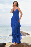 Dark Blue Spaghetti Straps Ruffled Chiffon A-Line Bridesmaid Dress