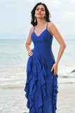 Dark Blue Spaghetti Straps Ruffled Chiffon A-Line Bridesmaid Dress