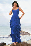 Dark Blue Spaghetti Straps Ruffled Chiffon A-Line Bridesmaid Dress