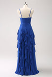 Dark Blue Spaghetti Straps Ruffled Chiffon A-Line Bridesmaid Dress