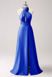 Royal Blue Floral Keyhole Satin Long Bridesmaid Dress with Slit