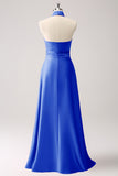 Royal Blue Floral Keyhole Satin Long Bridesmaid Dress with Slit