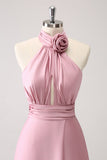 Pink Keyhole A-Line Satin Bridesmaid Dress with Slit