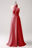 Pink Halter A-Line Satin Bridesmaid Dress with Flower