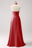 Pink Keyhole A-Line Satin Bridesmaid Dress with Slit