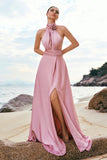 Pink Halter A-Line Satin Bridesmaid Dress with Flower