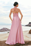 Pink Halter A-Line Satin Bridesmaid Dress with Flower