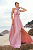 Pink Halter A-Line Satin Bridesmaid Dress with Flower