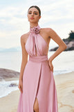 Pink Halter A-Line Satin Bridesmaid Dress with Flower