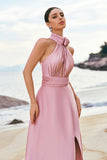 Pink Halter A-Line Satin Bridesmaid Dress with Flower