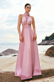 Pink Halter A-Line Satin Bridesmaid Dress with Flower