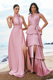 Pink Halter A-Line Satin Bridesmaid Dress with Flower