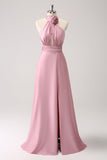 Pink Halter A-Line Satin Bridesmaid Dress with Flower