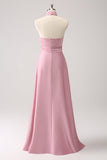 Pink Halter A-Line Satin Bridesmaid Dress with Flower