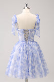 Blue Corset A-Line Short Floral Prom Dress