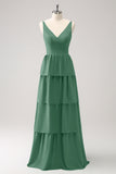 Eucalyptus A-Line Tiered Chiffon Long Bridesmaid Dress