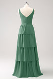 Eucalyptus A-Line Tiered Chiffon Long Bridesmaid Dress