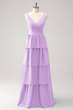 Eucalyptus A-Line Tiered Chiffon Long Bridesmaid Dress