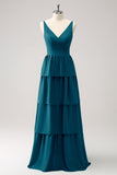 Eucalyptus A-Line Tiered Chiffon Long Bridesmaid Dress