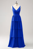 Stylish Royal Blue A-Line V-Neck Tiered Long Bridesmaid Dress