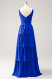 Stylish Royal Blue A-Line V-Neck Tiered Long Bridesmaid Dress