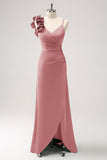 Eucalyptus Pleated Satin Long Bridesmaid Dress with Slit