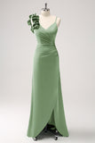 Eucalyptus Pleated Satin Long Bridesmaid Dress with Slit