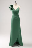 Eucalyptus Pleated Satin Long Bridesmaid Dress with Slit