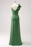 Olive Pleated Sheath Satin Bridesmaid Dress with Slit