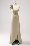 Eucalyptus Pleated Satin Long Bridesmaid Dress with Slit