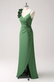 Olive Green Pleated Satin Bridesmaid Dress with Slit