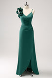 Olive Green Pleated Satin Bridesmaid Dress with Slit