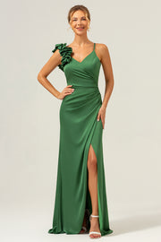 Olive Pleated Sheath Satin Bridesmaid Dress with Slit