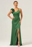 Olive Green Pleated Satin Bridesmaid Dress with Slit