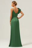 Olive Pleated Sheath Satin Bridesmaid Dress with Slit