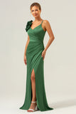 Olive Pleated Sheath Satin Bridesmaid Dress with Slit