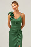 Olive Pleated Sheath Satin Bridesmaid Dress with Slit