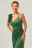 Olive Pleated Sheath Satin Bridesmaid Dress with Slit