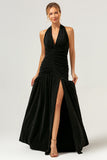 Glitter Black Halter Mermaid Pleated Backless Bridesmaid Dress